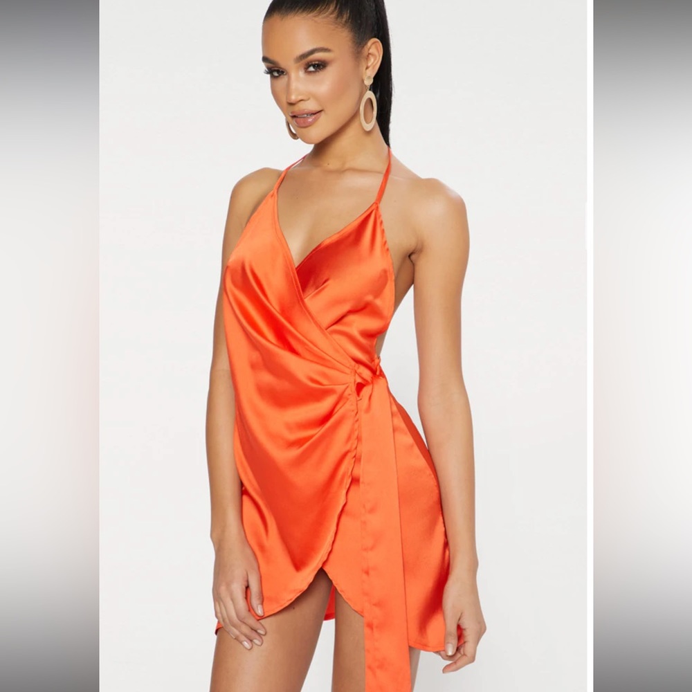 Orange satin halter wrap bodycon dress